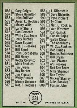 1967 Topps #531 7th Series Checklist: 534-609 (Brooks Robinson) Back
