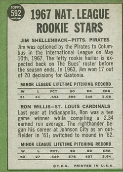 1967 Topps #592 N. League Rookie Stars (Jim Shellenback / Ron Willis) Back