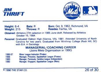 1990 Star Kingsport Mets #26 Jim Thrift Back