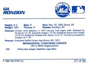 1990 Star Kingsport Mets #27 Gil Rondon Back