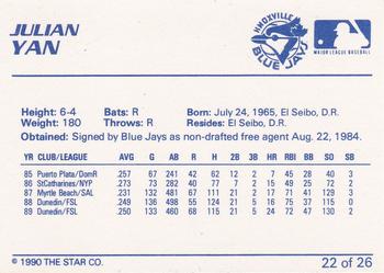 1990 Star Knoxville Blue Jays #22 Julian Yan Back