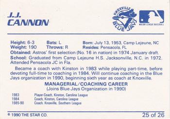 1990 Star Knoxville Blue Jays #25 J.J. Cannon Back