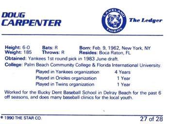 1990 Star Lakeland Tigers #27 Doug Carpenter Back