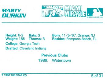 1990 Star Miami Miracle II #5 Marty Durkin Back