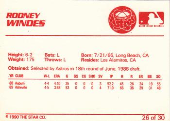 1990 Star Osceola Astros #26 Rodney Windes Back