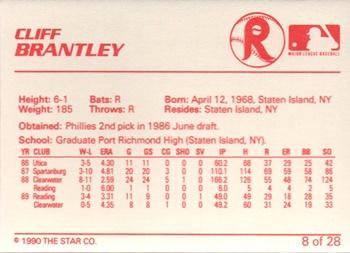 1990 Star Reading Phillies #8 Cliff Brantley Back