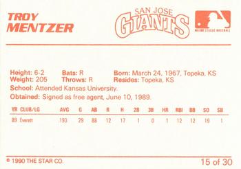 1990 Star San Jose Giants #15 Troy Mentzer Back