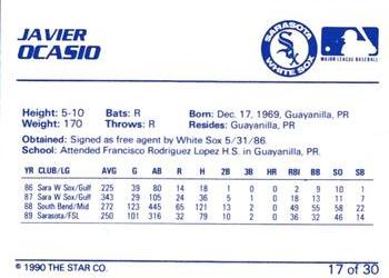 1990 Star Sarasota White Sox #17 Javier Ocasio Back