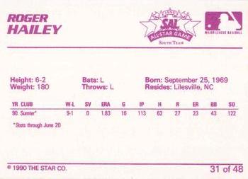 1990 Star South Atlantic League All-Stars #31 Roger Hailey Back