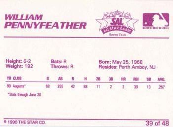 1990 Star South Atlantic League All-Stars #39 William Pennyfeather Back