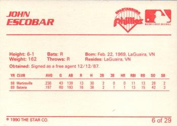 1990 Star Spartanburg Phillies #6 John Escobar Back