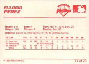 1990 Star Spartanburg Phillies #17 Eulogio Perez Back