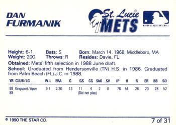 1990 Star St. Lucie Mets #7 Dan Furmanik Back