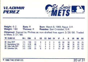 1990 Star St. Lucie Mets #20 Vladimir Perez Back