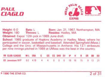 1990 Star West Palm Beach Expos #2 Paul Ciaglo Back