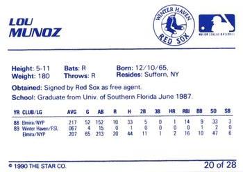 1990 Star Winter Haven Red Sox #20 Lou Munoz Back