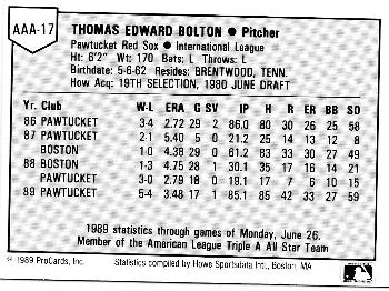1989 ProCards Triple A All-Stars #AAA17 Tom Bolton Back