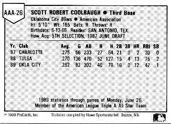1989 ProCards Triple A All-Stars #AAA26 Scott Coolbaugh Back