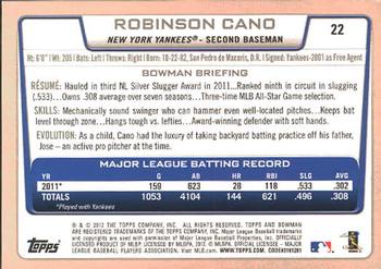 2012 Bowman #22 Robinson Cano Back