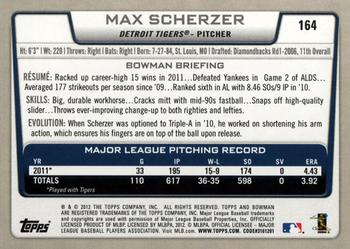 2012 Bowman #164 Max Scherzer Back