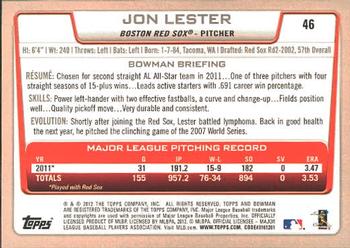 2012 Bowman #46 Jon Lester Back