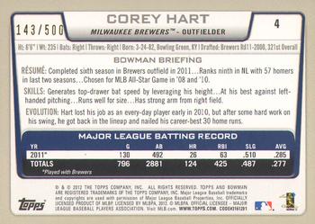 2012 Bowman - Blue #4 Corey Hart Back