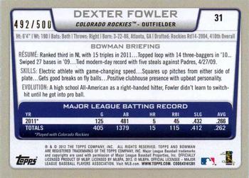 2012 Bowman - Blue #31 Dexter Fowler Back