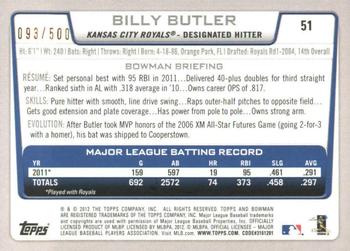 2012 Bowman - Blue #51 Billy Butler Back