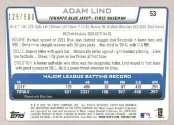 2012 Bowman - Blue #53 Adam Lind Back