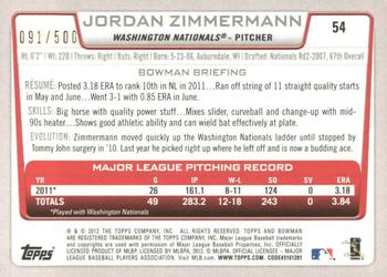 2012 Bowman - Blue #54 Jordan Zimmermann Back