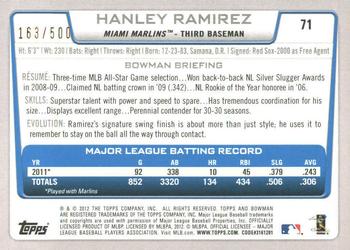 2012 Bowman - Blue #71 Hanley Ramirez Back