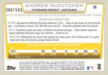 2012 Bowman - Blue #76 Andrew McCutchen Back