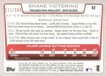 2012 Bowman - Blue #83 Shane Victorino Back