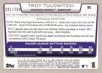 2012 Bowman - Blue #85 Troy Tulowitzki Back