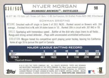 2012 Bowman - Blue #98 Nyjer Morgan Back