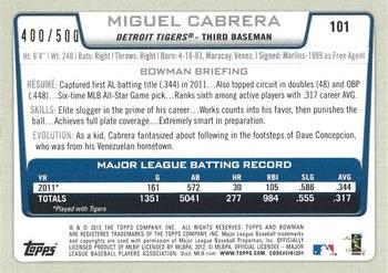 2012 Bowman - Blue #101 Miguel Cabrera Back