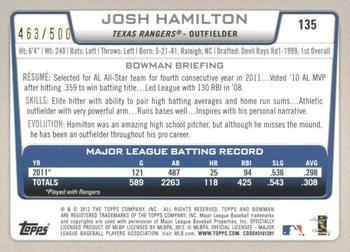 2012 Bowman - Blue #135 Josh Hamilton Back