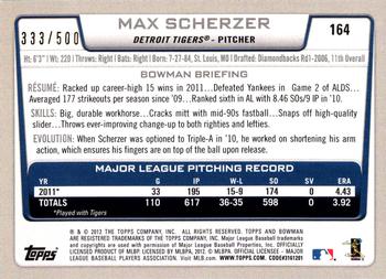 2012 Bowman - Blue #164 Max Scherzer Back