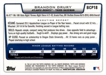2012 Bowman - Chrome Prospect Autographs #BCP18 Brandon Drury Back