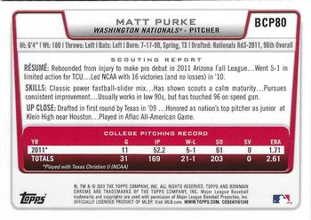 2012 Bowman - Chrome Prospect Autographs #BCP80 Matt Purke Back
