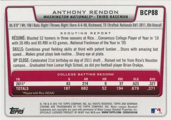 2012 Bowman - Chrome Prospect Autographs #BCP88 Anthony Rendon Back