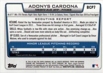 2012 Bowman - Chrome Prospects #BCP7 Adonys Cardona Back