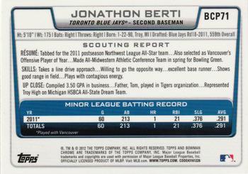 2012 Bowman - Chrome Prospects #BCP71 Jonathon Berti Back
