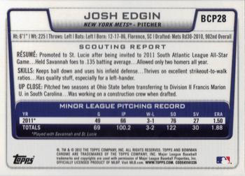 2012 Bowman - Chrome Prospects #BCP28 Josh Edgin Back