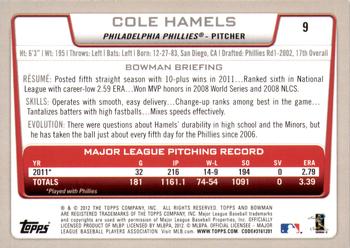 2012 Bowman - Gold #9 Cole Hamels Back