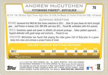 2012 Bowman - Gold #76 Andrew McCutchen Back