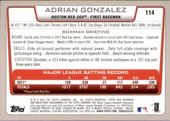 2012 Bowman - Gold #114 Adrian Gonzalez Back