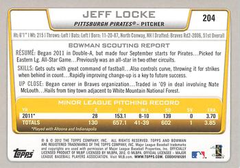 2012 Bowman - International #204 Jeff Locke Back