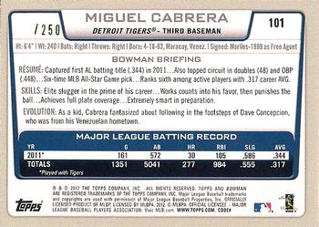 2012 Bowman - Orange #101 Miguel Cabrera Back