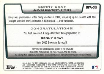 2012 Bowman - Prospect Autographs #BPA-SG Sonny Gray Back